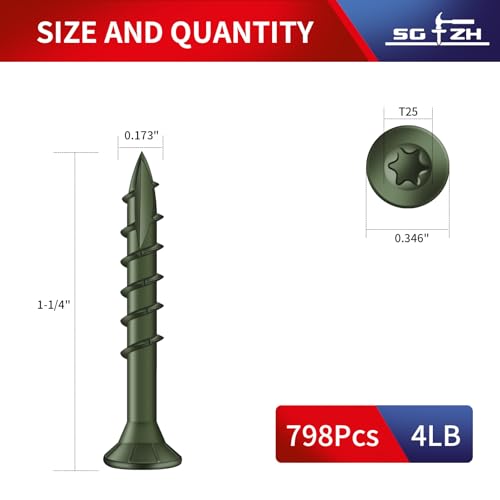 Image of #8 x 1-1 /4 inch Deck Screws (798Pcs) 4lb. Exterior Wood Screws. Carbon Steel, Green, Flat Head, Rust Resistant epoxy Coated, with T25 Star Bit