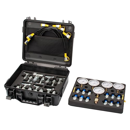 Image of Hydraulic Pressure Test Kit, 150 /1500 /4000 /6000 /10000 PSI, 5 Guages & 13 Test Couplings & 14 Tee Connectors & 5 Test Hoses, Hydraulic Pressure Guage Kit, for Excavator Construction Machinery
