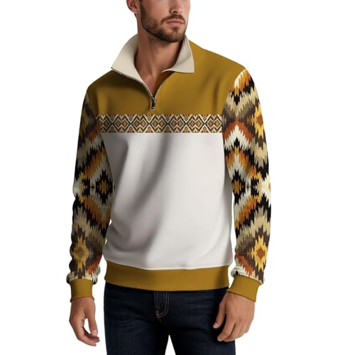 Mens Cotton-Blend Long-Sleeve Ethnic Hoodie Stand-Up Collar with Zipper Half-Front Opening Casual Outdoor Hoodie