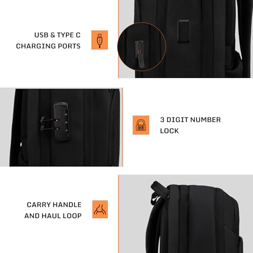 Image of F Gear Reign Anti-Theft Premium Black Laptop Backpack|30L Water-Resistant Bag|2 Compartments, 3 Pockets, 180 Opening, USB & Type C Port, Number Lock, Hidden Pocket, Fits 17 Inch Laptop|Men & Women