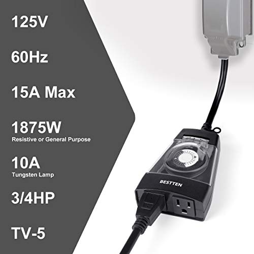 image for [2 Pack] BESTTEN Outdoor 24-Hour Timer, 2 Grounded Outlets, 6-Inch Pow