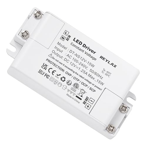 REYLAX 12V LED Driver 15W 1.25A, Power Supply Unit, 240V AC to 12V DC Transformer, Constant Voltage Driver Adapter, Low Voltage Transformers for DIY Light Strips, LED Bulbs