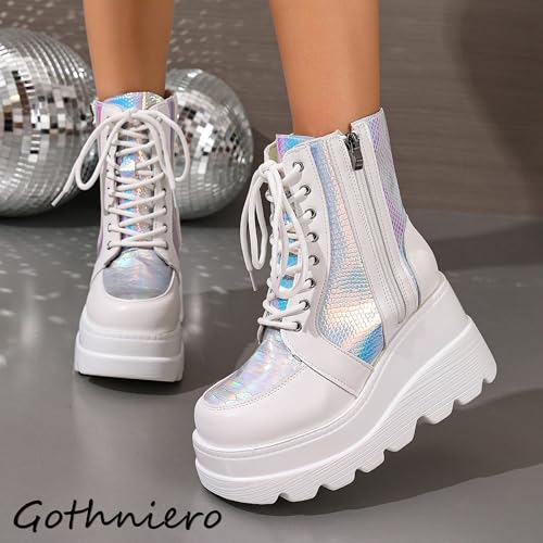 Image of Gothniero Platform Goth Ankle Boots for Womem Black Holographic Combat Chunky Heel Boots with Side Zip Lace Up Wedge Booties US5.5-11