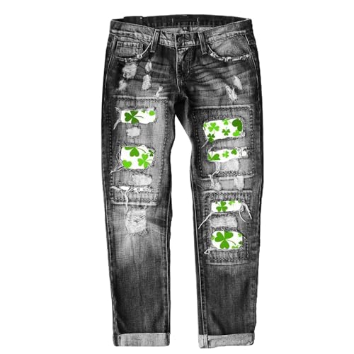 Pantalon droit en jean femme avec détails perforés et imprimés tendance Street Sampa