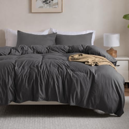 Image of Washed Gray Blue Duvet Cover Set Queen Size,2 Pillow Shams,No Comforter | Prewashed Microfiber, 4 Corner Ties, Button Closure, Ultra Soft, Cotton-Like, All Seasons, Queen Duvet Cover 90x90 in