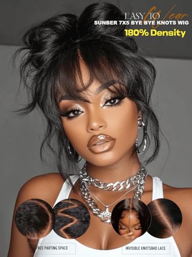 Image of 7x5 Glueless Wig Fluffy Natural Loose Wave Curtain Bangs Human Hair | Lace Front Wig 180% Density Wigs Human Hair Pre Plucked Invisible Knots Pre Everything Ready to Wear Body Wave Wig 24inch