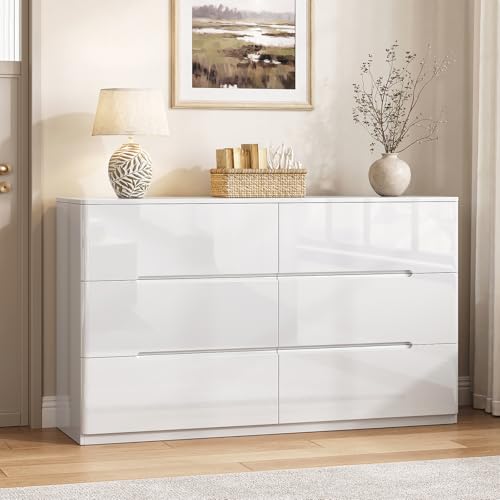 Image of White Wood Dresser, 6 Drawer Dressers for Clothes Storage for Bedroom, Modern Dresser with Wide Drawers, Wide Wooden Chest Drawers for Living Room, Entryway, TV Stand
