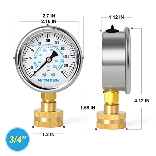 Image of MEANLIN MEASURE 0~200Psi Stainless Steel Frame 3 /4 inch Female 2.5 inch FACE DIAL Liquid Filled Pressure Gauge WOG Water Oil Air Water Pressure Test Table with Sealing Ring