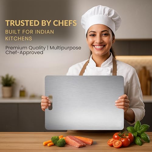 Image of Stainless Steel Chopping Board 35 cm x 25 cm | Large Metal Cutting Board for Kitchen | Easy-Clean, Odor-Free Prep Surface for Vegetables & More | Durable, Stylish + Free Grater