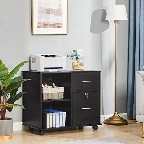 Greenforest Wooden File Cabinet 2 Drawer Lateral Filing Cabinet With Lock Mobile Printer Stand With Open Storage Shelves For Home Office Fits A4, Letter Size And File Folders, Black #TOP6