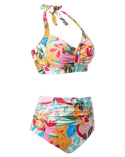 Holipick Floral Women High Waisted Bikini Set Two Piece Swimsuit Tummy Control Bathing Suit Vintage Halter Swimwear2