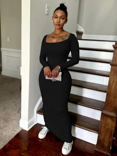 Nimsruc Sexy Crew Neck Lounge Long Dress Fitted Long Sleeve Ribbed Bodycon Maxi Dresses for Women 20242