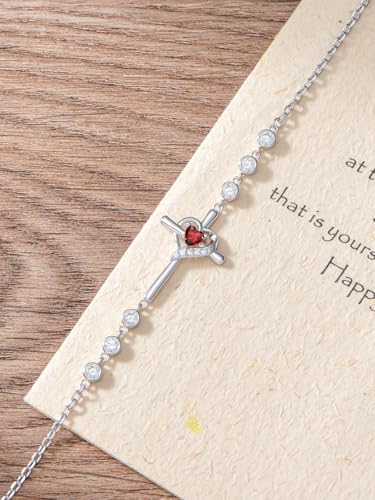 Cross Birthstone Charm Link Bracelet 925 Sterling Silver Cross Bracelet with 12 Months Birthstone Religious Christian Jewelry Gifts for Women Mom Her,Chain Length 7"+2" Extend4