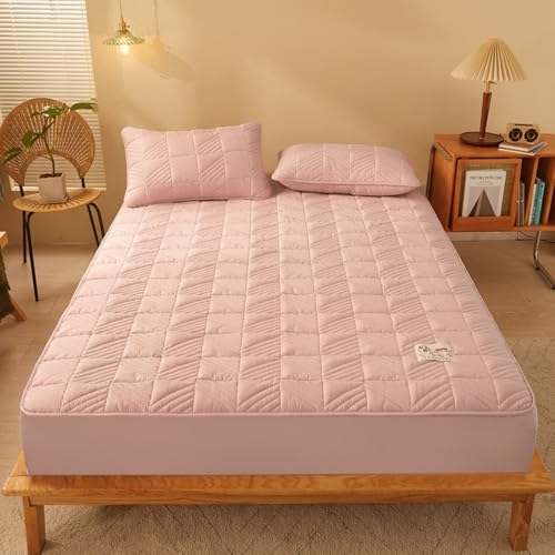 Textura De Sarga Transpirable Protector De Cama Topper, Confort Cubrecolchón Protector Pad con Correas Elásticas, Antideslizante Lavable Cubrecolchón-Pink||180x220cm