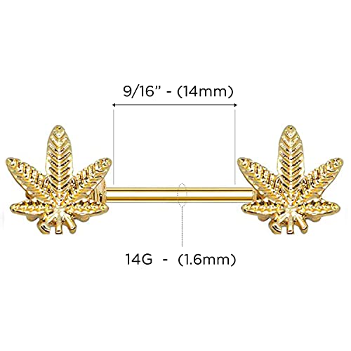 Pierce2Go 2 Pcs 14G Gold Marijuana Leaf Nipplerings Piercing Women Nipple Rings - 9/16" Barbell (Gold) #TOP2
