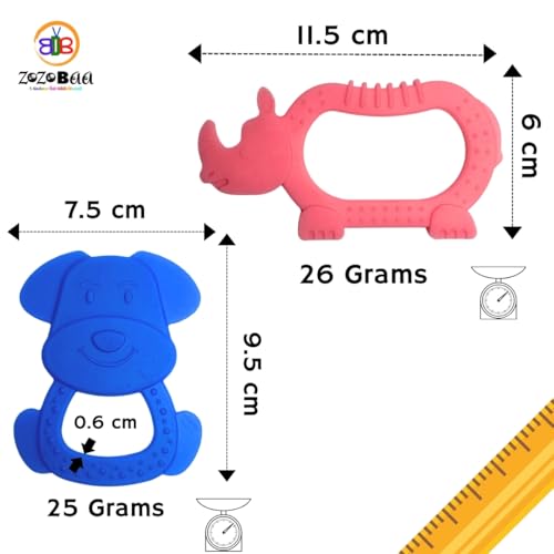 Image of Cute Shape Soft Silicone Teether for Baby Gums Teething Toys for Babies BPA Free, Pain-Relief Non-Toxic, 100% Food Grade Soothing Easy to Grasp Chewable - Rhino+Hand+Pineapple+Dog (Pack of 4)