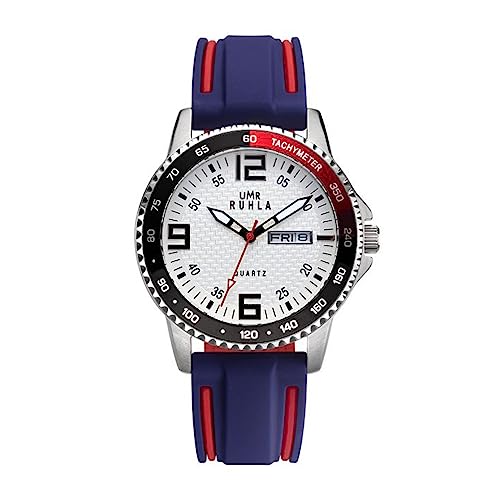 UMR RUHLA Armbanduhr, Quarz, analog, Silikonarmband, Edelstahlgehäuse, wasserdicht bis 10 bar, Farbe:Blau/Weiß