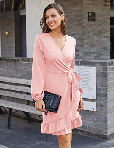 Kate Kasin Women's Tie Waist Semi Formal Dress Long Sleeve V Neck Wrap Dress Homecoming Dress Party Work Dress With Belt Light Pink M #TOP2