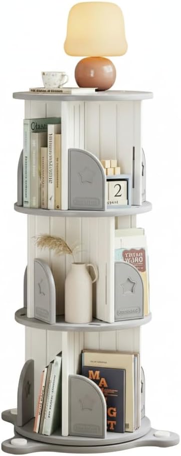 3-Tier Rotating Bookshelf, 360° Spinning Corner Bookcase with Display Stand - HDPE Plastic Book Storage Organizer for Bedroom, Home Office, Classroom, Living Room