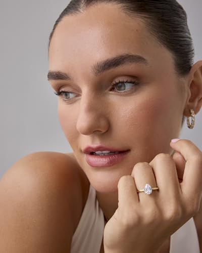 PAVOI 14K Gold Plated Simple 2.5CT Pear Cubic Zirconia Hidden Halo Eternity Ring Fake Bridal Wedding Promise Statement - Engagement Ring for Women4