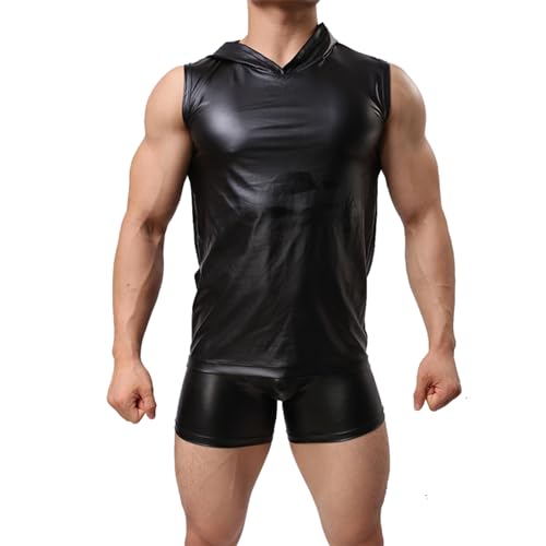 Crongless Herren Leder Tank Top Wetlook Ärmellos Kapuzen Unterhemd T-Shirt Schwarz Lack-Optik Männer Shirt