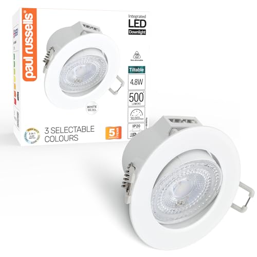 paul russells LED Recessed Tilt Downlight, 4.8W 500LM, Warm/Cool/Day White 3 Adjustable CCT, IP44, Round (Not Dimmable) Spotlight for Kitchen, Living & Bathroom Ceiling Lights, 1 Pack (White)