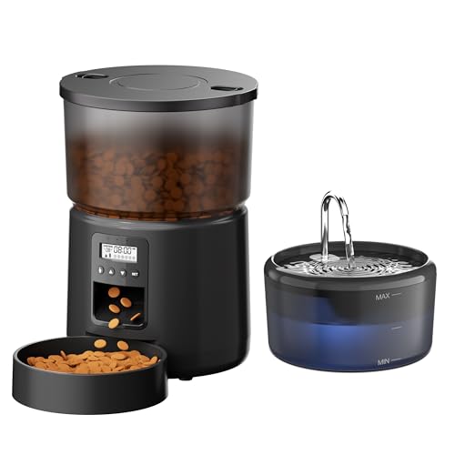 Comedero Gato Automatico y Fuente para Gatos: Dispensador Comida Gatos con Programable Temporizador 6 Comida al Día - 3L Alimentador Perro y 2.4L Bebedero para Pequeño/Mediano Mascota - 10S Grabación