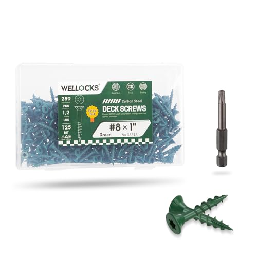 Image of WELLOCKS #8 x 1 in Green Deck Screws, 1.2 lbs with T25 Bit | 1000+ Hour Salt Spray Coating for Outdoor Fences, Decks, Trim, and General Woodworking Projects.