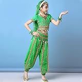 FASFSAF Indisches Kinder-Fantasie-Tanzkleid, Bollywood-Mädchen, arabische Prinzessin, Bauchrock, Outfits, Kostüm, Kinder-Performance-Kostüm, Bühnenkrone, Hosenanzug,Grün,L