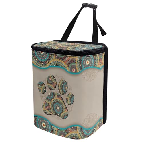 Image of Talayituse Boho Mandala Print Car Trash Can, Dog Paw Design Portable Auto Garbage Bin Multifunctional Vehicle Interior Accessories with Adjustable Straps Universal Fit Truck SUV Sedan