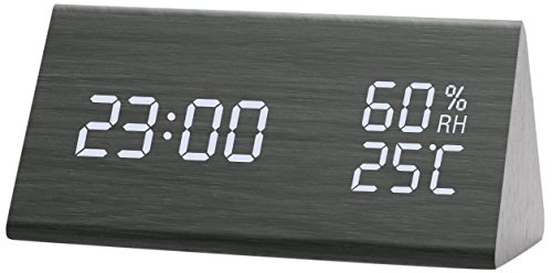 Greenvida SWEET-618 Wooden Alarm Clock,Digital Clock With 3 Levels Adjustable Brightness 3 Groups of Alarm Time,Triangle USB/4AAA Battery Powered Sound-Controlled, Displays Time Date Temperature and H