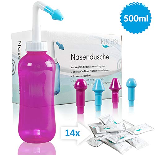 Preisvergleich Produktbild FUCHSI® Nasendusche / Extra Große Nasenspülung 500ml + 14x 4g Nasenspülsalz + 4 Aufsätze für Erwachsene & Kinder / effektive Nasenreinigung bei Schnupfen, trockener Nase, Allergie, Erkältung - ROSA