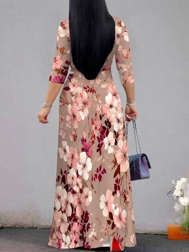 Image of Plus Size Dresses for Women Floral Print Maxi Dress Flowy 3 /4 Sleeve with Belt