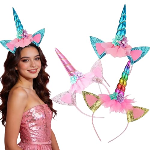 3 Stück Einhorn Stirnband Einhorn Haarreif mit Ohren und Blumen für den perfekten Einhorn Geburtstag Haarreif Glitzerndes Horn & bequemer Sitz Magisches Party-Accessoire(Blau rosa Farbe)
