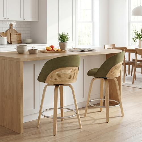 Butacos EALSON, Set de 2 Butacos Giratorios de Bar de 26", con Respaldo de Ratán, Tapizados en Chenilla Moderna, Patas de Madera y Reposapiés Plateado para Isla de Cocina o Sala de Estar, Verde miniatura 1