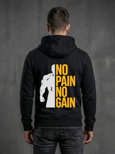 Image of Mens Full Sleeve Graphic Printed Hooded Sweatshirt | No Pain No Gain Print Winter Hoodies for Men | Gym Hoodie Men's