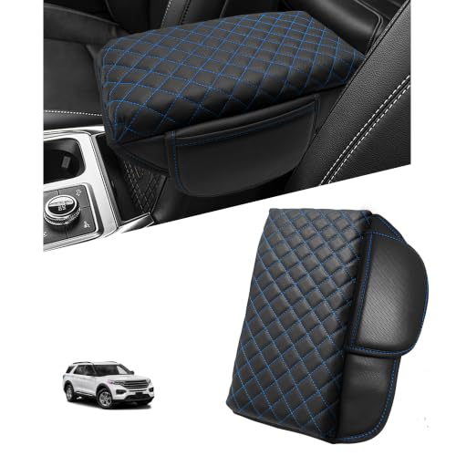 Center Console Cover for Ford Explorer 2026 2025 2020-2024 Accessories 1.2in Thickness Armrest Cover Leather Arm Rest Box Lid Protector Cushion Pad Middle Console Cover with Side Pockets (Blue Stitch) by SENSHINE - Used condition - US$21.00