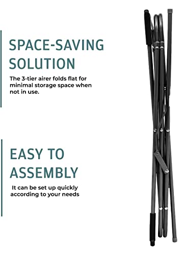 Straame 3 Tier Clothes Airer Drying Indoor and Outdoor Laundry Rack with Non-Slip Feet and Corner Spaces for Hangers, Flat Foldable Space Saving, 63 x 46 138 (Black)