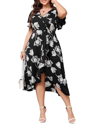Image of SHESTARR Women Plus Size Maxi Dress Short Sleeve Wrap V Neck High Low Split Long Dress