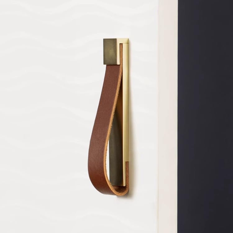 LBFEEL Kitchen Leather Drawer Pulls Gold Dresser Knob Black Cabinet Pulls Handles Europe Style Furniture Handles (Brown and Gold, 3.78" Hole Centers)
