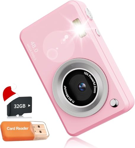 Image of Kids Digital Camera, 16X Zoom, FHD, Pink, Compact, Easy Shooting Modes, 1080p Video, 48MP, 2.4 inch LCD, USB, Tripod Mount, Includes Camera Kit