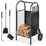 tectake® Leñero Exterior e Interior, Carro con Ruedas, Estructura de Acero Perforado, Almacenamiento Exterior Práctico, con Herramientas Chimenea, Carretilla, Leña para Chimenea - 42,5 x 38 x 80,5 cm