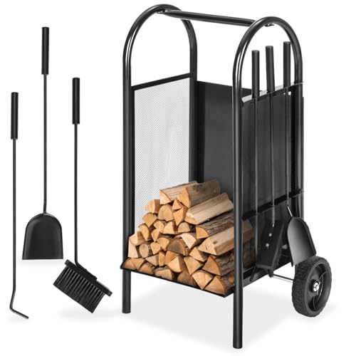 tectake® Leñero Exterior e Interior, Carro con Ruedas, Estructura de Acero Perforado, Almacenamiento Exterior Práctico, con Herramientas Chimenea, Carretilla, Leña para Chimenea - 42,5 x 38 x 80,5 cm