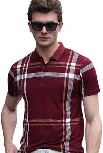 LOOP STITCH Men's Check Print Half Sleeve Polo Button T Shirt | Trendy Stylish Casual Printed Collared Neck Regular Fit T ...