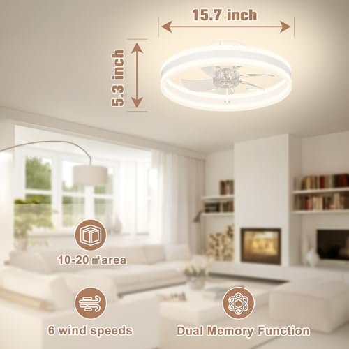 Image of VOLISUN Fandelier Ceiling Fans with Lights and Remote, 15.7in Low Profile Ceiling Fan Flush Mount, 3000K-6500K Dimmable Bladeless LED Fan Light, White Modern Ceiling Fans with Lights for Bedroom