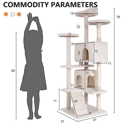 Image of 70 Inch Cat Tree, Cat Tower for Indoor Cats, Multi-Level Tall Cat Tree Kitten Tower with Cat Scratching Post, Cat Condo, Plush Perch, Dangling Ball, Heavy Duty Cat Tree for Large Cats, Beige