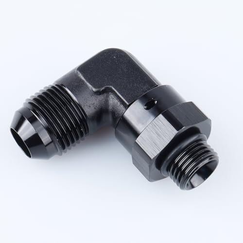 Image of AC PERFORMANCE Black Aluminum 90 Degree -8 AN Male Flare to -6 AN ORB O Ring Port Thread 9 /16 x 18 Swivel Fitting Adapter