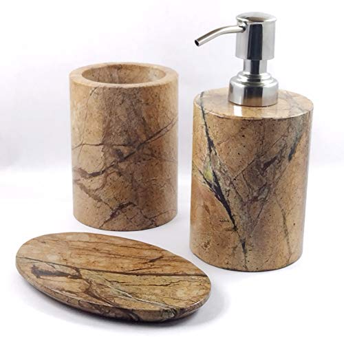 Image of Luxury Marble Bath Accessories Includes Soap Dispenser, Toothbrush Holder and Soap Dish (Golden Brown) -Set of 3