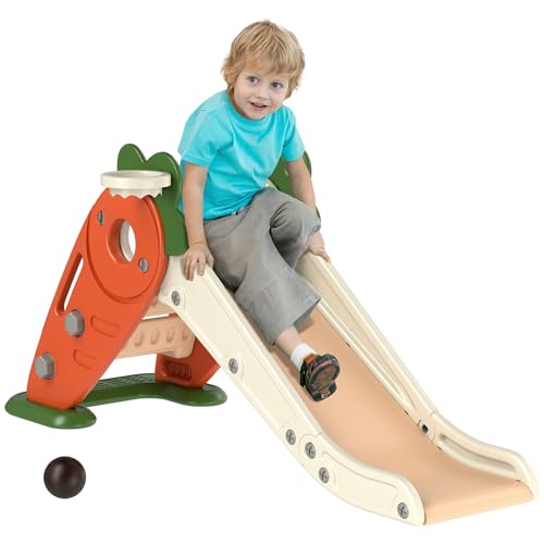 Qaba Tobogán para niños pequeños, 3 en 1 para interiores para niños de 1 a 3 años, tobogán plegable con temática de zanahoria con aro de baloncesto, escalador, naranja