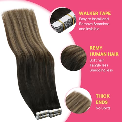 Image of Ve Sunny Hair Tape in Extensions Black Balayage Brown with Ash Blonde | Human Hair Extensions Tape ins,Instant Highlights,20Inch 25g 10Pcs,Adhesive Skin Weft,for Wedding or Party